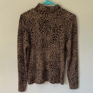 Talbots Animal Print Funnel Neck Knit Top Long Sleeve Silk Camel Hair Medium